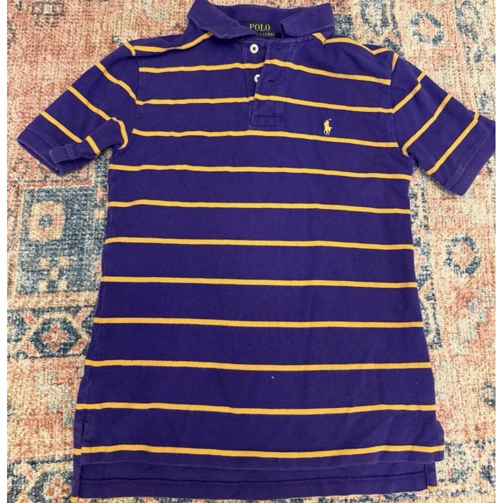 Polo Ralph Lauren Boy’s Purple/Yellow Striped Polo Shirt M 10/12 Short Sleeve